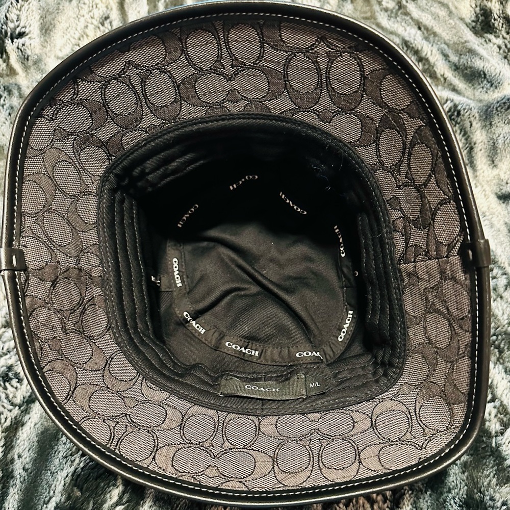 Coach Black Leather and Signature Pattern Bucket Hat